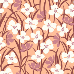 Vector seamless pattern with white wild flowers on a delicate peach background - 738750363