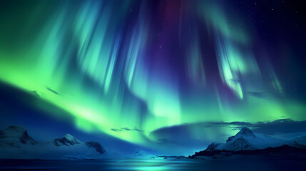 Northern lights over snowy mountains, coast, reflection in water at night