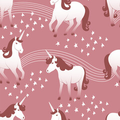 Vector seamless pattern with unicorns among stars in warm cocoa colors - 738750565