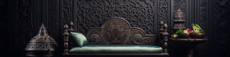 ornate middle eastern style furniture in dark carved wood with green cushions and colorful still life
