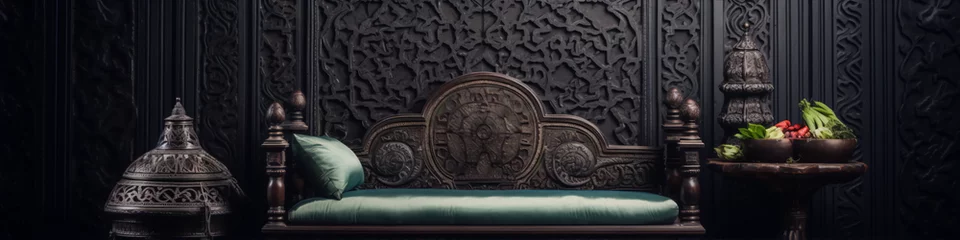 Foto op Canvas ornate middle eastern style furniture in dark carved wood with green cushions and colorful still life © kamel