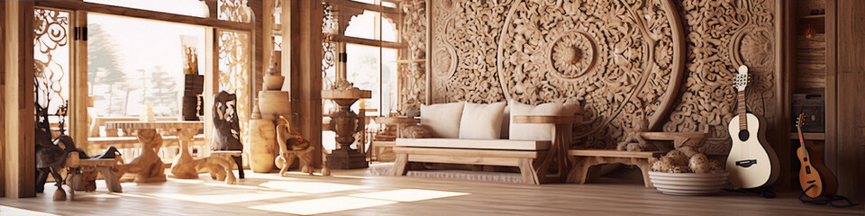 Carved wooden wall and furniture in a bright room with a guitar.