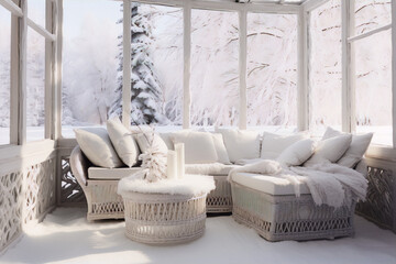Bright white wicker furniture on a snowy porch looking out at snow-covered trees.