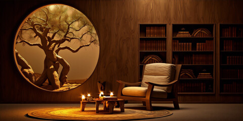 Elegant library with a large round window, a comfortable chair, and a coffee table with candles.
