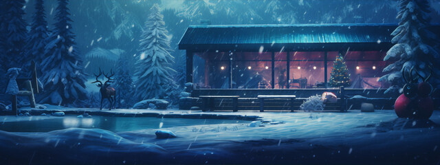 A snowy cabin in the woods with a reindeer, decorated for Christmas.