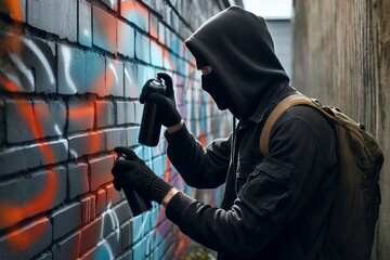 Man wearing a black hoodie is spray painting a brick wall. He is wearing a mask and a backpack. The wall is colorful, with red, orange, and blue paint. - Powered by Adobe