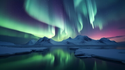 Northern lights over snowy mountains, coast, reflection in water at night