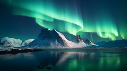 Northern lights over snowy mountains, coast, reflection in water at night