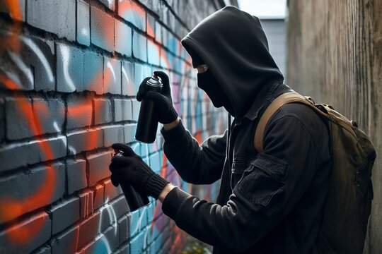 Man wearing a black hoodie is spray painting a brick wall. He is wearing a mask and a backpack. The wall is colorful, with red, orange, and blue paint.