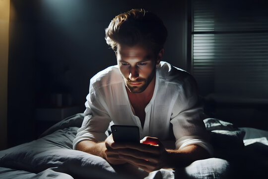 A man in a white shirt is sitting on a bed and looking at his phone. The room is dimly lit, with a small amount of light coming in from the right side of the image.