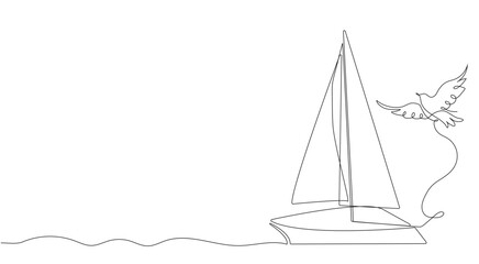 A sailboat on sea waves, a boat, a tray and a seagull, a dove flies into the sky. Hand drawing in the style of one continuous line. Rest on the water.