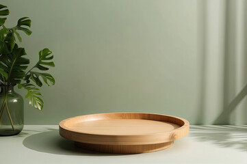 nature Podium display stage with wooden and tropical leaf for presentation background