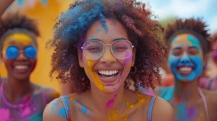 A vibrant shot capturing a group of young friends joyfully throwing handfuls of colorful powder in