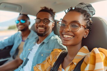 A group of fashionable individuals, donning a variety of eyewear including glasses, sunglasses, and goggles, smile happily as they ride in a car, with one woman in particular catching the eye with he