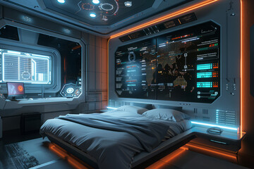 Obraz premium Sci-fi themed bedroom with smart home features
