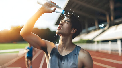 Runners pour water on their faces to reduce fatigue and body heat. - obrazy, fototapety, plakaty