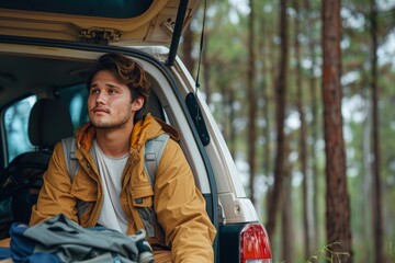 A solitary figure sits in the back of a car, surrounded by nature and wearing a warm jacket, lost in thought as they gaze out at the passing trees