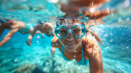 Naklejka premium Happy kid swimming underwater and having fun. Happy childhood and summer vacation. Underwater Young Boy Fun in the Swimming Pool with Goggles. Summer Vacation Fun. Little boy swimming underwater. 