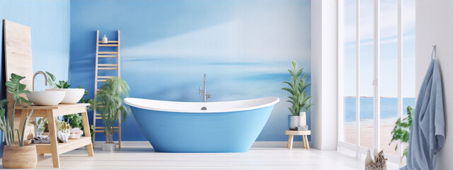 Blue and white bathroom with a large bathtub, plants, and a view of the ocean. - obrazy, fototapety, plakaty