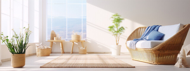 White wicker chair and green plant in front of a large window with a mountain view. - obrazy, fototapety, plakaty