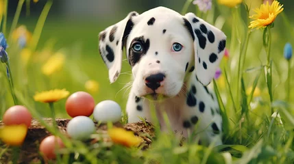Fototapeten  A curious Easter Dalmatian puppy sniffing a brightly colored egg nestled among vibrant green grass and daisies. © Muhammad