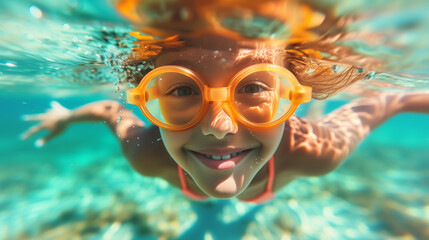 Naklejka premium Happy kid swimming underwater and having fun. Happy childhood and summer vacation. Underwater Young Boy Fun in the Swimming Pool with Goggles. Summer Vacation Fun. Little boy swimming underwater. 