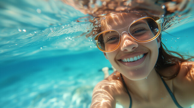 Happy kid swimming underwater and having fun. Happy childhood and summer vacation. Underwater Young Boy Fun in the Swimming Pool with Goggles. Summer Vacation Fun. Little boy swimming underwater. 