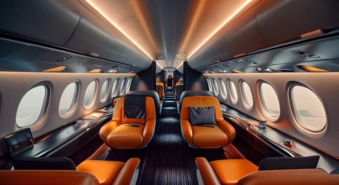 Interior of an airplane with orange seats. 3D model.