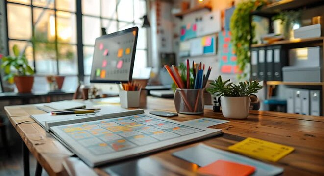 Notebook and pen on wooden table with morning light in coffee shop