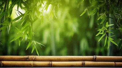 Fotobehang bamboo fence background Empty space surrounded by green bamboo leaves. © ORG