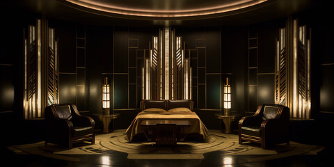 Art deco hotel room in warm light with two armchairs, a bed and two nightstands. - obrazy, fototapety, plakaty
