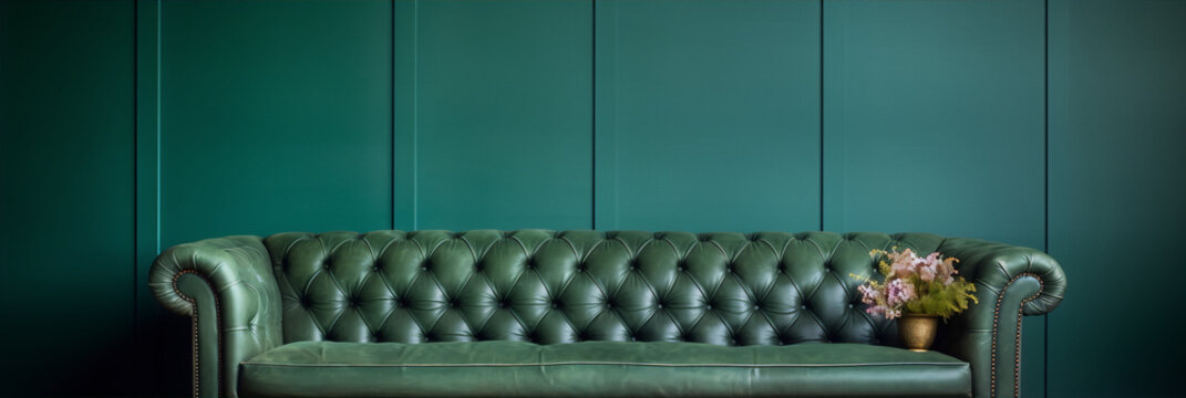 Green leather chesterfield sofa against the dark green wall