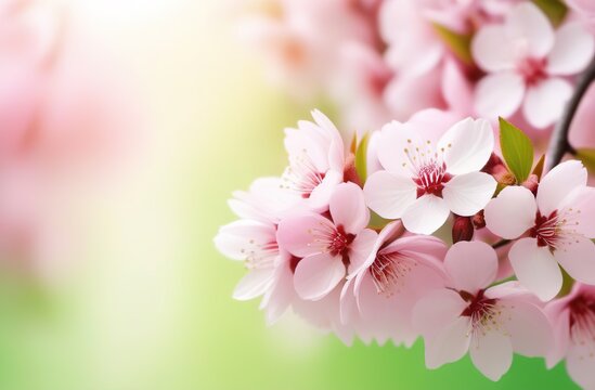 Banner spring sakura flowers with free space, pastel colors pink, green, white