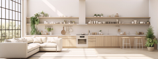 Large bright minimal kitchen with white walls and wooden cabinets - obrazy, fototapety, plakaty