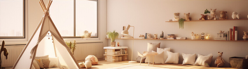 Bright and airy nursery with teepee, toys and lots of pillows - obrazy, fototapety, plakaty