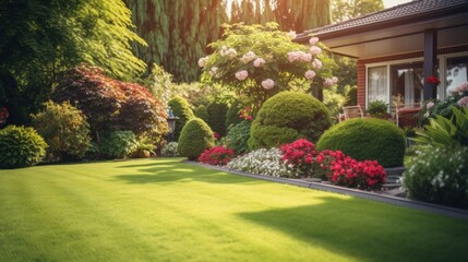 Manicured lawns and flower beds with shrubs in the background. There is a backyard. - obrazy, fototapety, plakaty