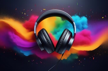 World music day banner with headphones on abstract colorful dust background