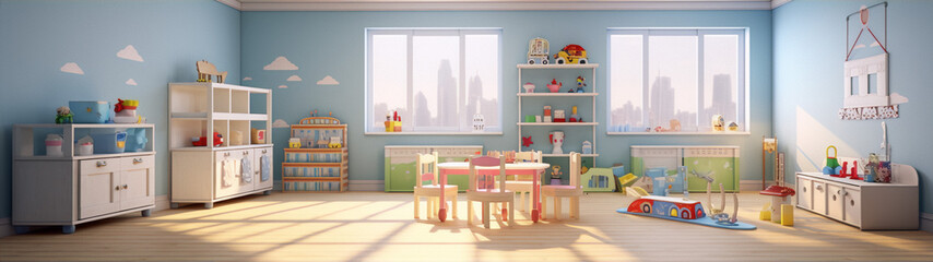 Bright and colorful preschool classroom with lots of toys and learning materials