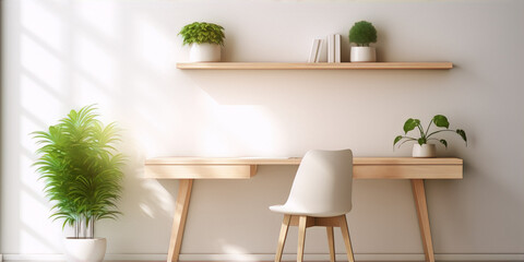 Minimalist home office with a wooden desk, a white chair, and a few plants. - obrazy, fototapety, plakaty