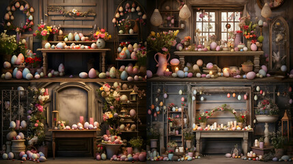  A cozy Easter setting with a rustic frame encasing a joyful Easter message amidst a delightful display of intricately decorated eggs.