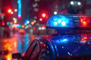 Foto op Plexiglas Red blue light flasher atop of patrol police car at the city. Night patrolling street © ORG