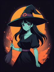 A minimalist, t-shirt design with a vintage twist, featuring a sleek and stylized cute anime witch silhouette