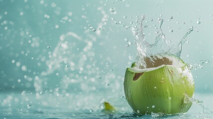 Coconut water splashes from fresh green coconuts. with copy space - obrazy, fototapety, plakaty