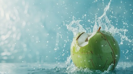 Coconut water splashes from fresh green coconuts. with copy space