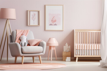 Minimalistic pink and white nursery with a soft armchair, crib and decorations.