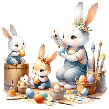 Enchanting Easter Bunny Family Painting Colorful Eggs Illustration