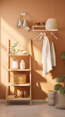 Warm colors entryway with clothes rack, bag, shoes, and plants