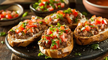 Mexican molletes open-faced sandwiches with refried beans, cheese, and salsa on toasted bolillo rolls