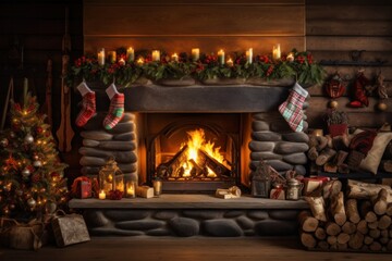 Fireplace with Christmas ornaments decorated for Christmas. holiday concept