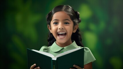 Fototapeta premium Happy smiling Indian girl holding book in hand and reading Isolated on green background.